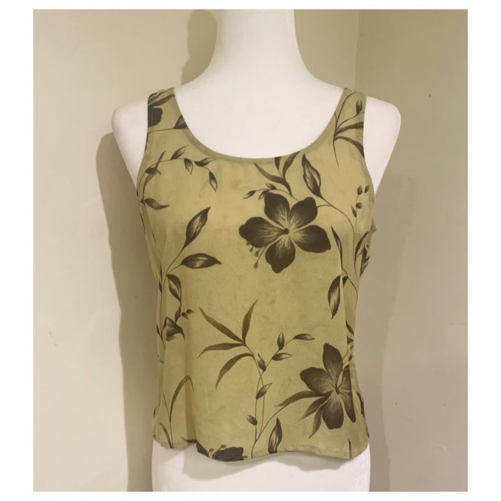Elegant Floral Print Tank Top Silk Sage Green Floral Print Top Size S